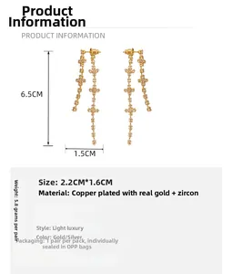 Detail showing 6.5cm length and 1.5cm width of clover tassel earrings with zircon