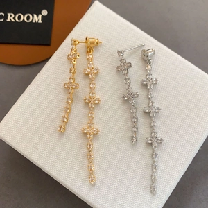 Copper Zircon Cross Clover Tassel Dangle Earrings For Women Korean Style Elegant Gold Plated Shimmering Jewelry Gift