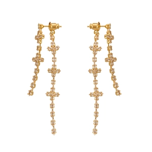 Gold plated four-leaf clover cross tassel earrings with sparkling zircon stones