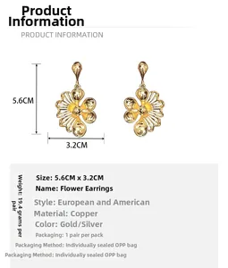 Detailed view of hollow gold flower stud earrings with size and weight specifications
