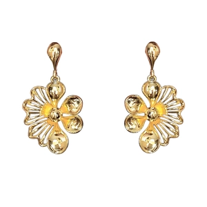 Elegant gold-plated floral hollow dangle earrings with central bead detail on white background