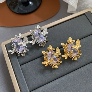 Boucles D Oreilles Papillon Cuivre Plaqué Or Avec Zircon Violet Et Tige En Argent Sterling 925 Rétro Français Femmes