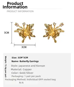 Detailed size and material specification for gold-plated butterfly stud earrings