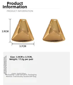 Detail view of 18K gold plated copper earrings measuring 3.9cm by 3.7cm and weighing 17.2g