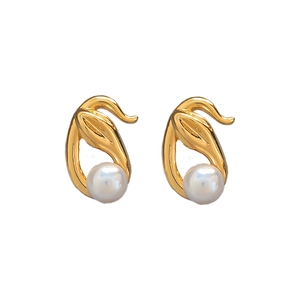 Elegant gold-plated snake-shaped earrings with white pearls on a clean white background
