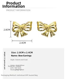Detail view of 18K gold plated bow earrings with 2.0x2.4cm size and material specifications