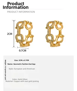 Detail view of 18k gold plated geometric chain earrings with size and weight specs