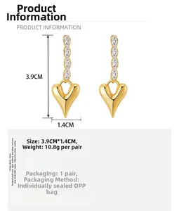 Detail specifications for heart drop earrings with white zircons and 18K gold plating