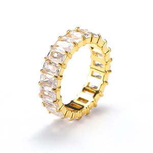 Luxury eternity band ring with rectangular cubic zirconia in gold-plated prong setting