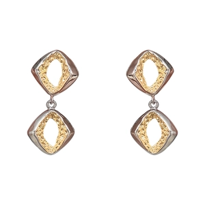Modern two-tone geometric diamond drop earrings with silver frames and golden textures