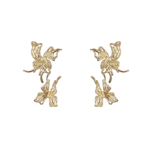 Elegant gold-plated butterfly stud earrings with layered hollow brushed texture wings