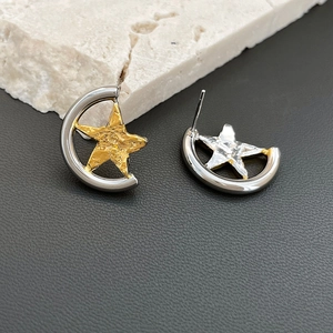 Unique celestial star and moon earrings with handcrafted hammered metal texture