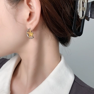 Chic silver crescent and gold star mismatched studs shown on a model's ear lobe