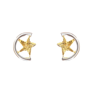 Unique bicolor star and moon stud earrings with hammered gold and silver texture