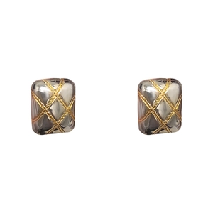 Two-tone quilted square stud earrings in gold and silver finish with mirror luster