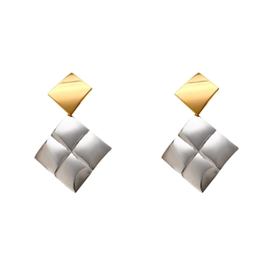 Modern geometric square drop earrings with silver diamond cut and gold finish plating