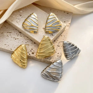 Irregular Triangle Stud Earrings With 925 Sterling Silver Earring Post Embossed Geometric Texture Copper Plated For Women