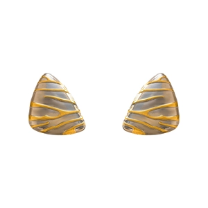 Textured gold-plated triangle stud earrings with grey resin inlay on white background