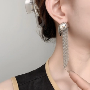Polished silver long tassel chain earrings for women featuring minimalist curved studs