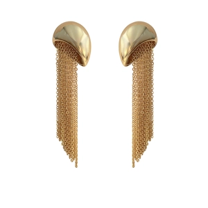 Elegant gold plated long tassel earrings with polished dome studs and dangling metal chains