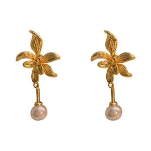 Elegant gold orchid flower earrings with pink pearl tassels on a clean white background