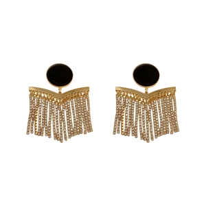 Luxurious gold chain fringe earrings with black enamel disk and sparkling zircons