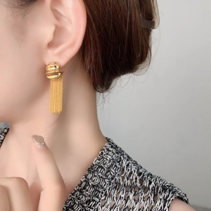 Gold multi-layer chain tassel earrings with textured metal stud for women