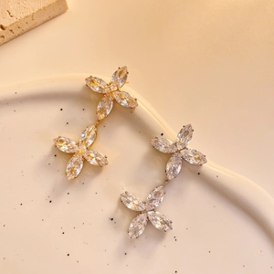 Elegant Double Flower Cross Drop Earrings Copper Plated Real Gold With Marquise Zircon And 925 Sterling Silver Earring Post