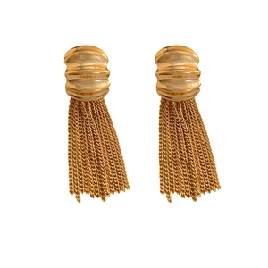 Gold chain tassel earrings with minimalist wavy semi-sphere studs for a chic modern look