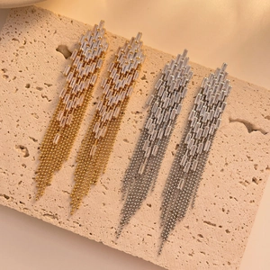 Long Tassel Drop Earrings Geometric Zircon 925 Sterling Silver Earring Post Luxurious Elegant Jewelry For Women