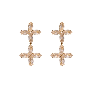 Elegant gold double cross clover stud earrings with marquise-cut zircon crystals