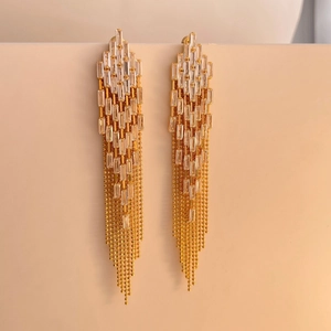 Detail of 18K gold-plated tassel earrings with geometric zircon clusters and bead chains