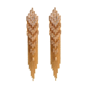 French style 18K gold plated long tassel earrings with baguette cubic zirconia stones