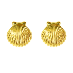 Elegant gold shell stud earrings with cat ear design and radial texture on white background