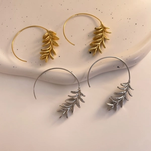 Elegant Leaf Wheat Ear Hoop Earrings Copper Plated 18K Real Gold Niche Design C-Shape Jewelry Accessories For Women