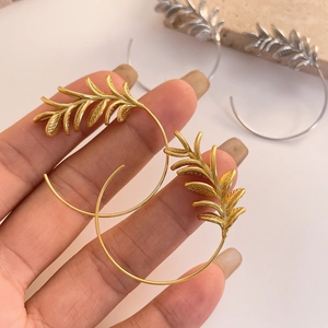 Elegant 18K gold plated laurel leaf hoop earrings with intricate engraved patterns