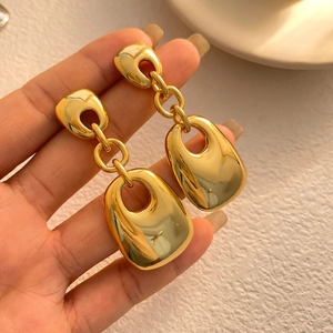 Polished 18K gold plated double layer geometric square drop earrings for women