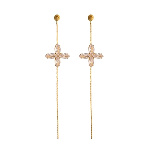 Elegant 18K gold plated long chain tassel earrings with zircon four-leaf clover design