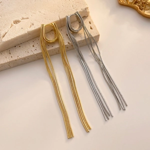 Detail showing long snake chain tassel earrings in gold and silver finish with U-shaped buckle