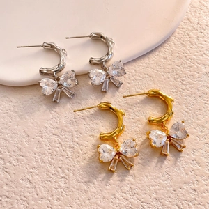 Bowknot Hoop Earrings Copper Gold Plated With 925 Sterling Silver Earring Post Zirconia Crystal Chic Luxury Jewelry For Women