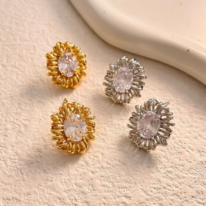 Sunflower Stud Earrings With Oval Zircon Copper Flower Design 925 Sterling Silver Earring Post Vintage Elegant For Women