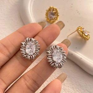 Elegant oval zircon sunflower stud earrings with vintage woven wire design in gold and silver