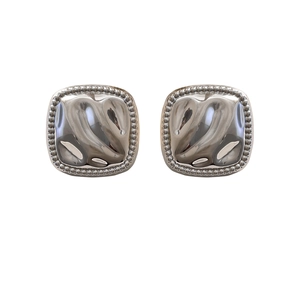 Minimalist square geometric silver stud earrings with molten texture and beaded edges