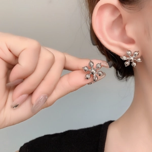 Détail d'un ensemble boucles d'oreilles et bague flocon argenté sur un mannequin