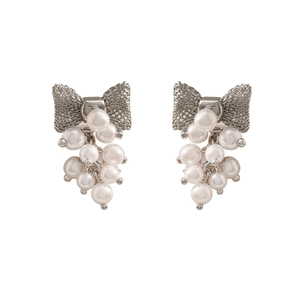 Elegant silver bow earrings with hanging white pearl clusters on a clean white background