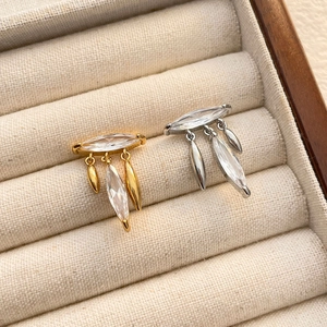 Elegant leaf tassel stud earrings with zircon crystals in gold and silver finish