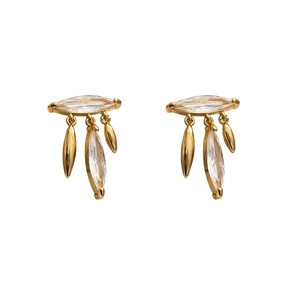 Elegant gold-plated leaf fringe stud earrings featuring marquise-cut sparkling zircon stones