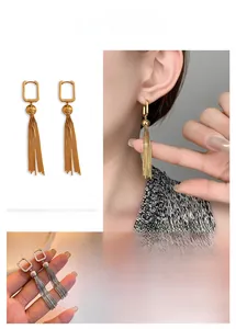 Detail of long metal tassel drop earrings with geometric square buckle and snake chains