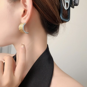 Lava texture C-shape earrings with two-tone gold and silver finish for women