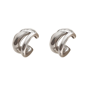 Modern double-layered C-shaped geometric hoop earrings in polished silver finish